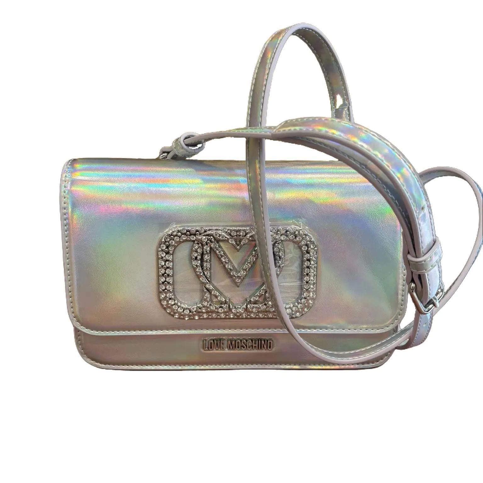 Borsa Love Moschino lucida con logo prezioso in argento