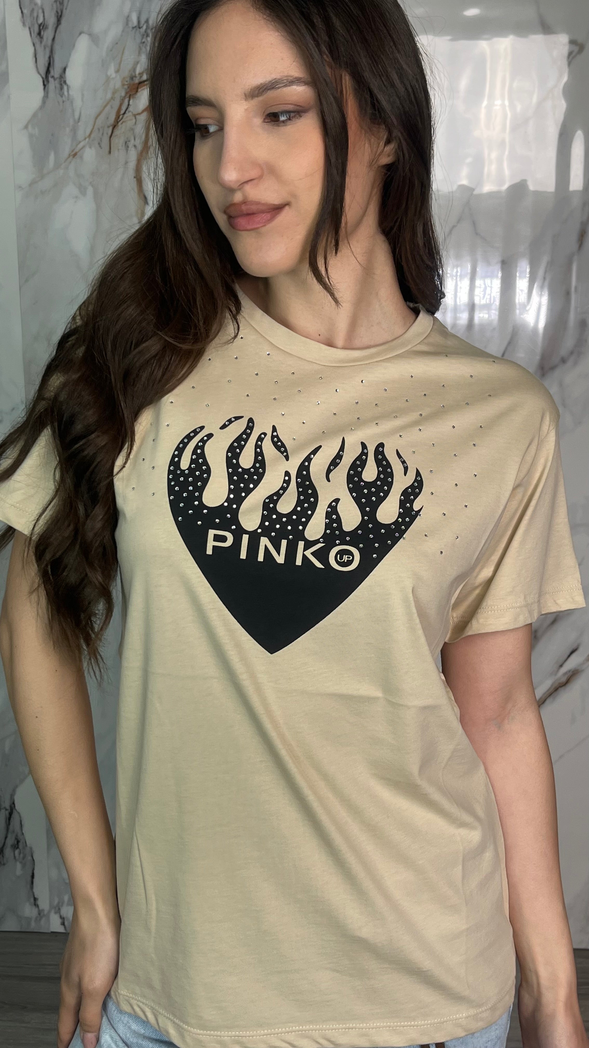 PINKO T-shirt con stampa Cuore e Strass