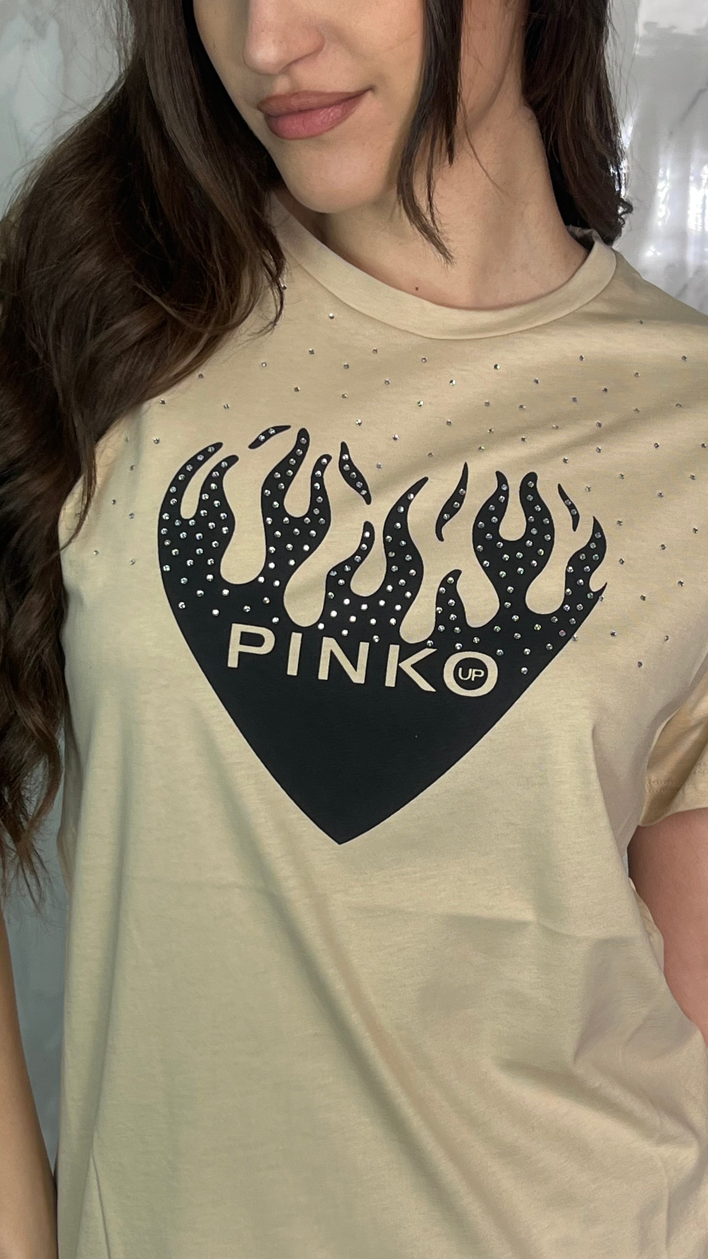 PINKO T-shirt con stampa Cuore e Strass