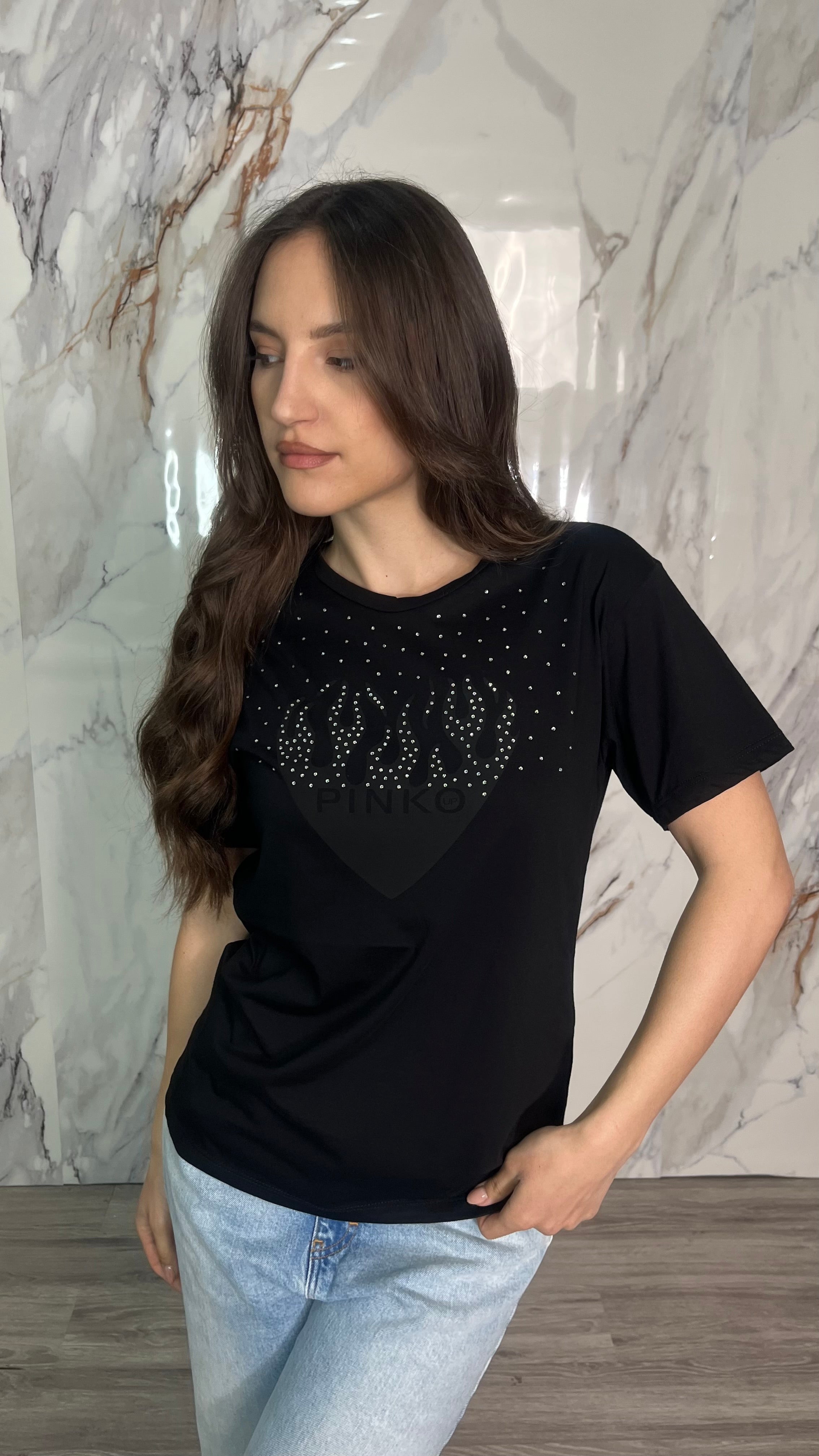 PINKO T-shirt con stampa Cuore e Strass