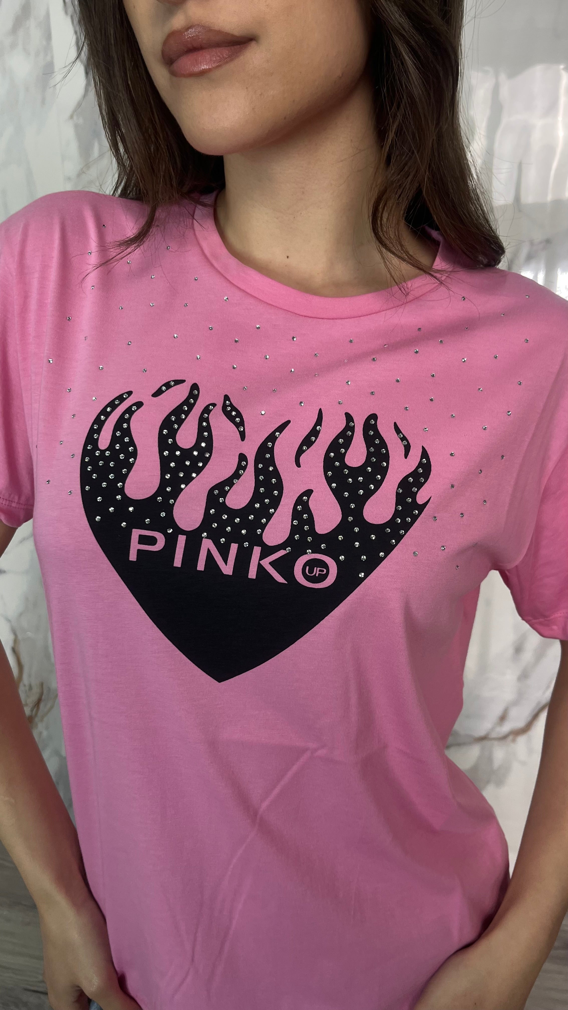 PINKO T-shirt con stampa Cuore e Strass