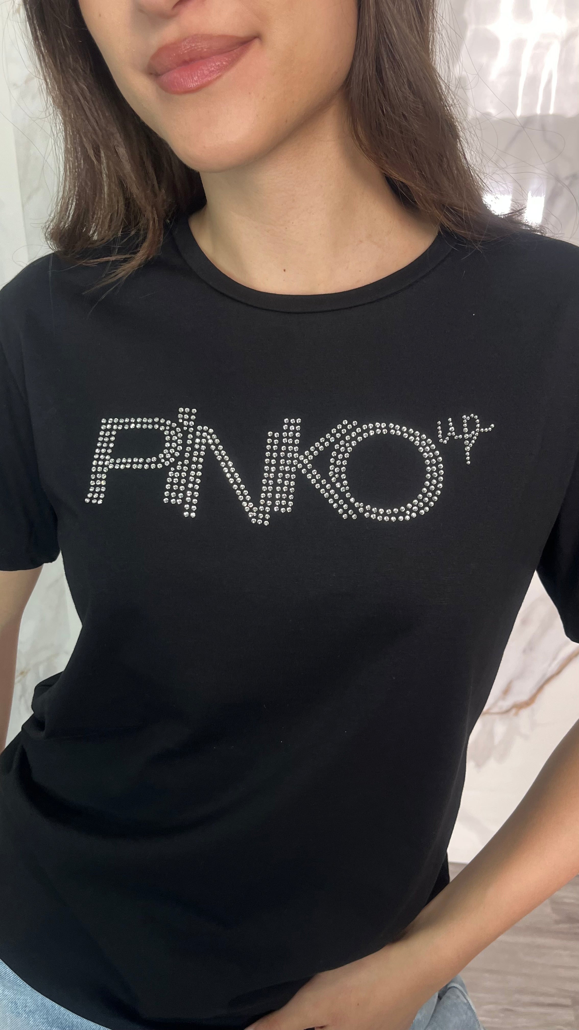 PINKO T-shirt Logo con Strass