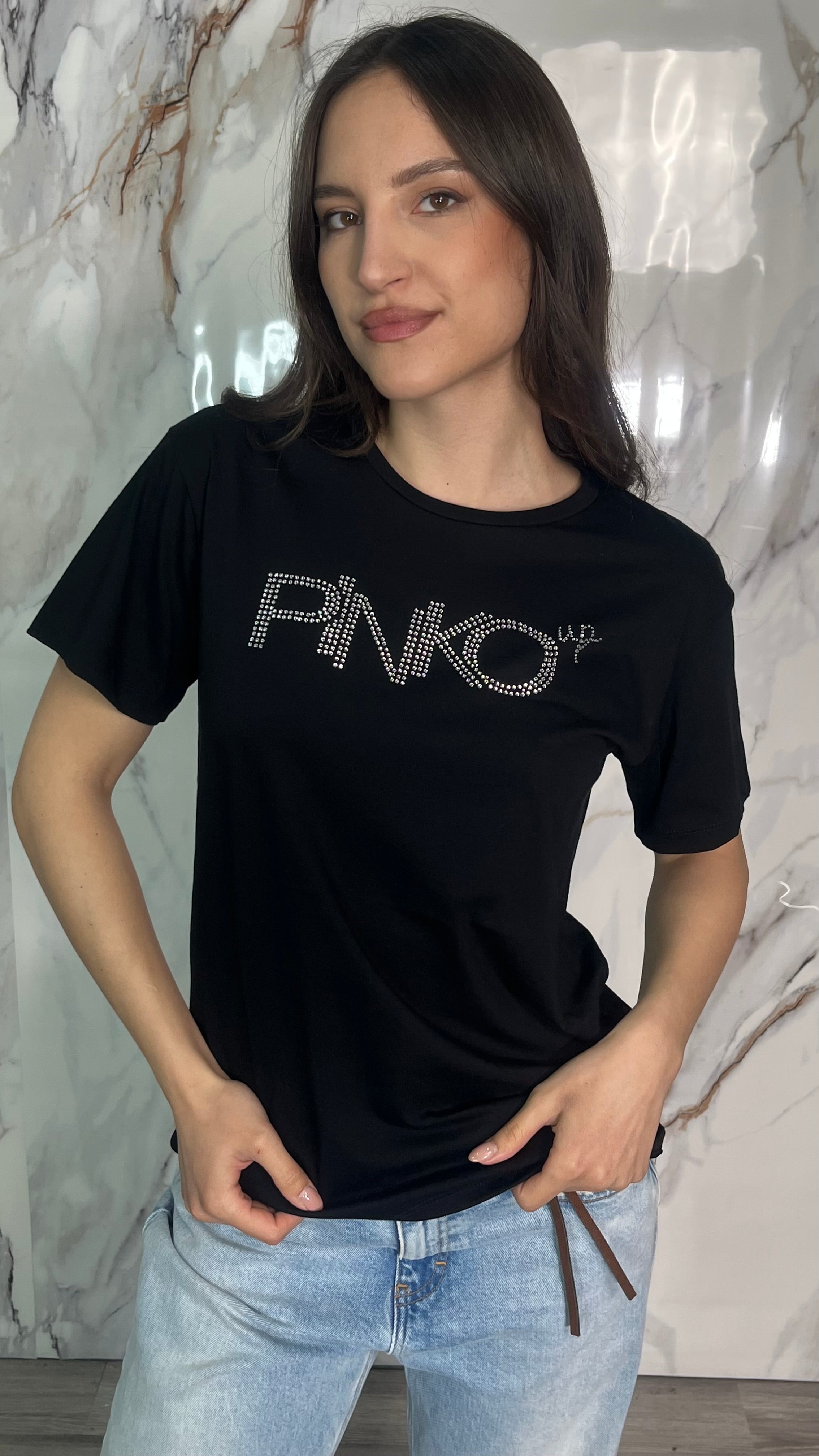 PINKO T-shirt Logo con Strass