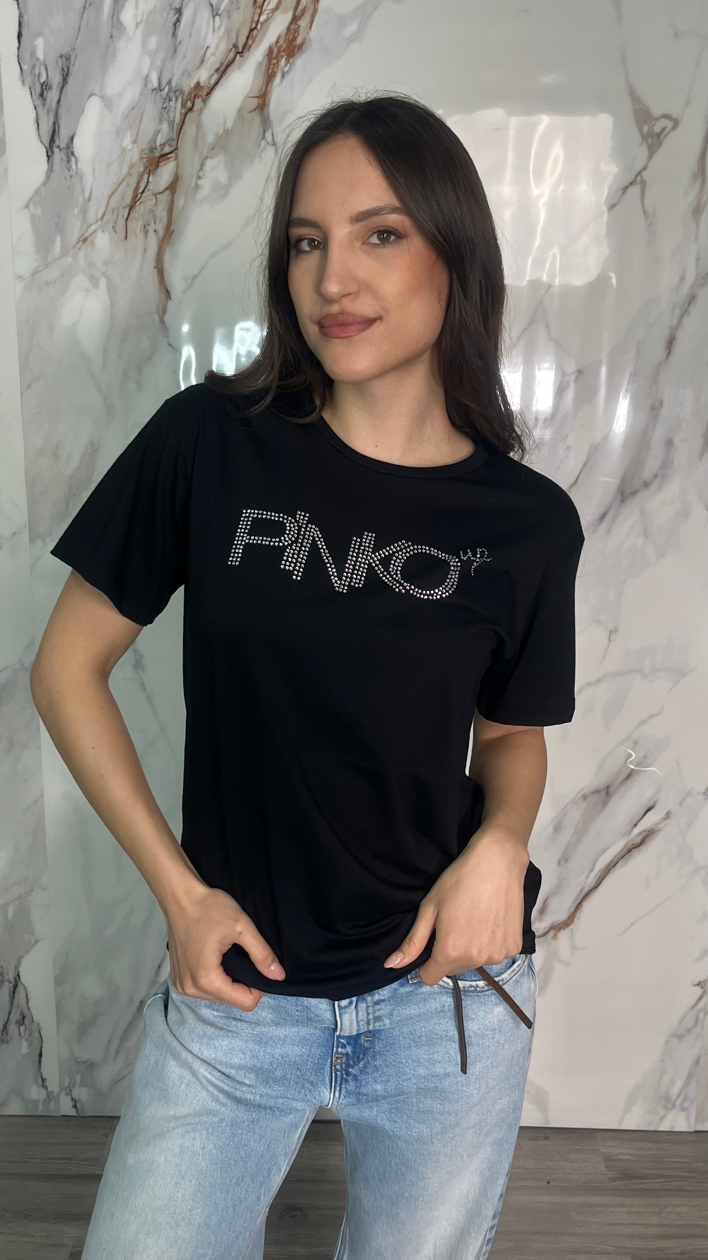 PINKO T-shirt Logo con Strass
