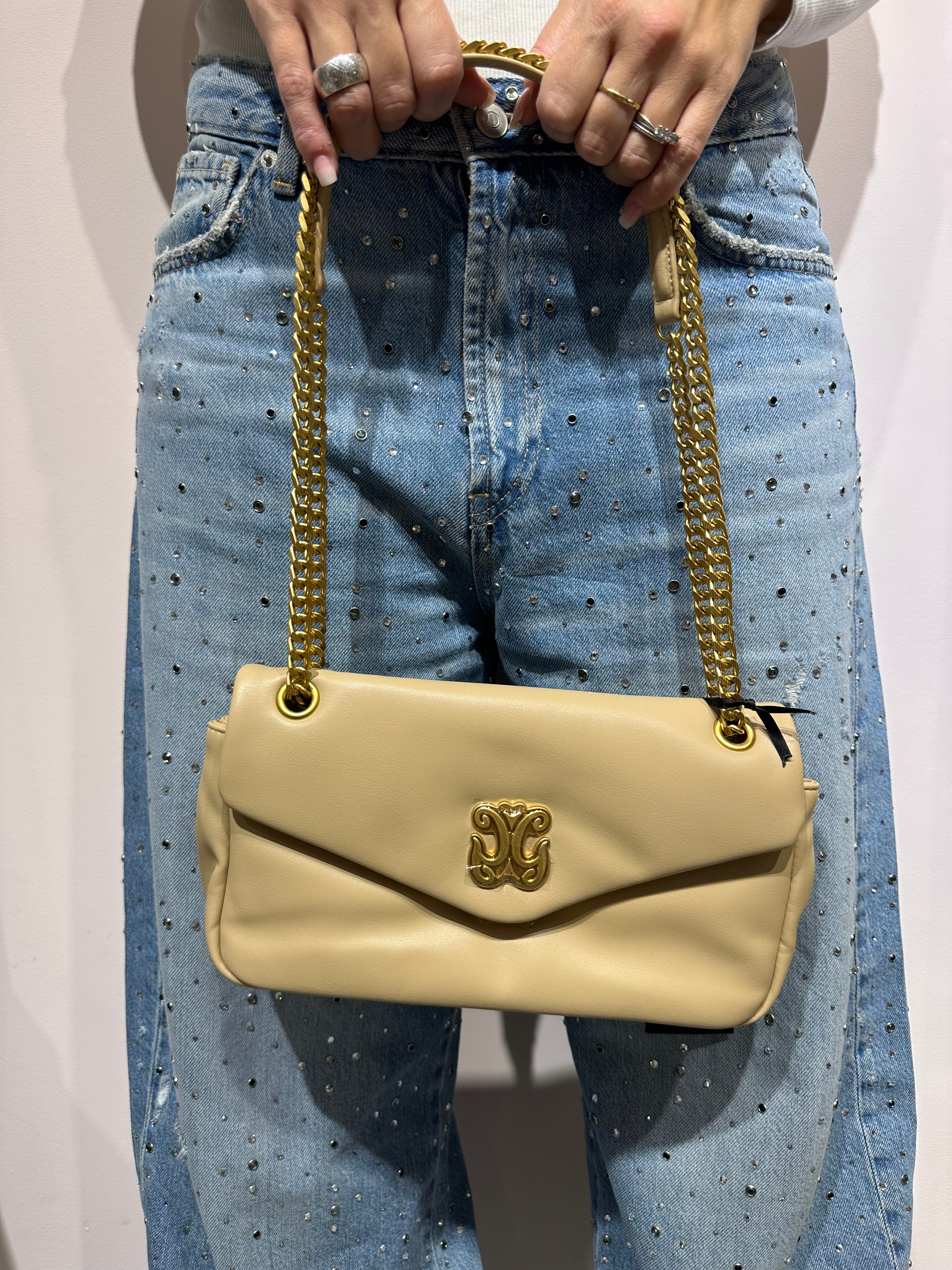 GAELLE TRACOLLA REGOLABILE CAMEL CON INSERTI ORO