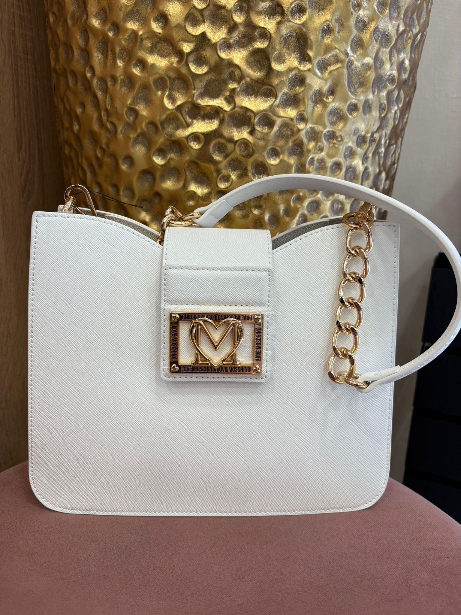 Love Moschino Borsa Bianca con Dettagli Oro e Logo Centrale