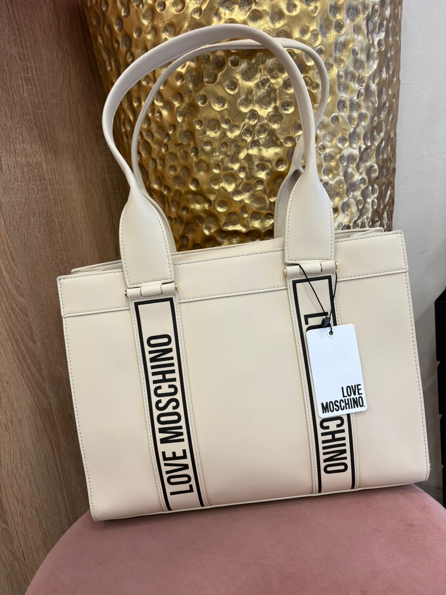 Moschino Borsa Avorio Logata in Nero