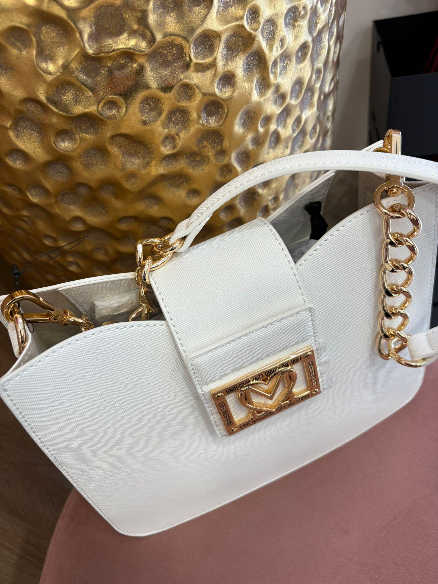 Love Moschino Borsa Bianca con Dettagli Oro e Logo Centrale